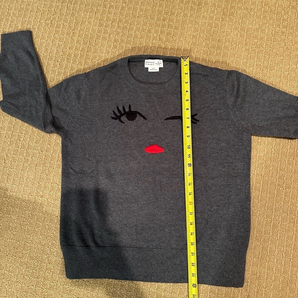 KATE SPADE BROOME STREET WINK FACE SWEATER GRAY RED LIPS WOOL BLEND LARGE - Picture 8 of 9